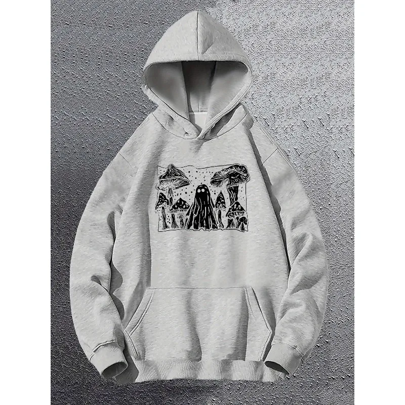 سويت شيرت بقلنسوة بأكمام طويلة مطبوع عليه رسومات الفطر والشبح للرجال، بلوفر فضفاض بقلنسوة مع