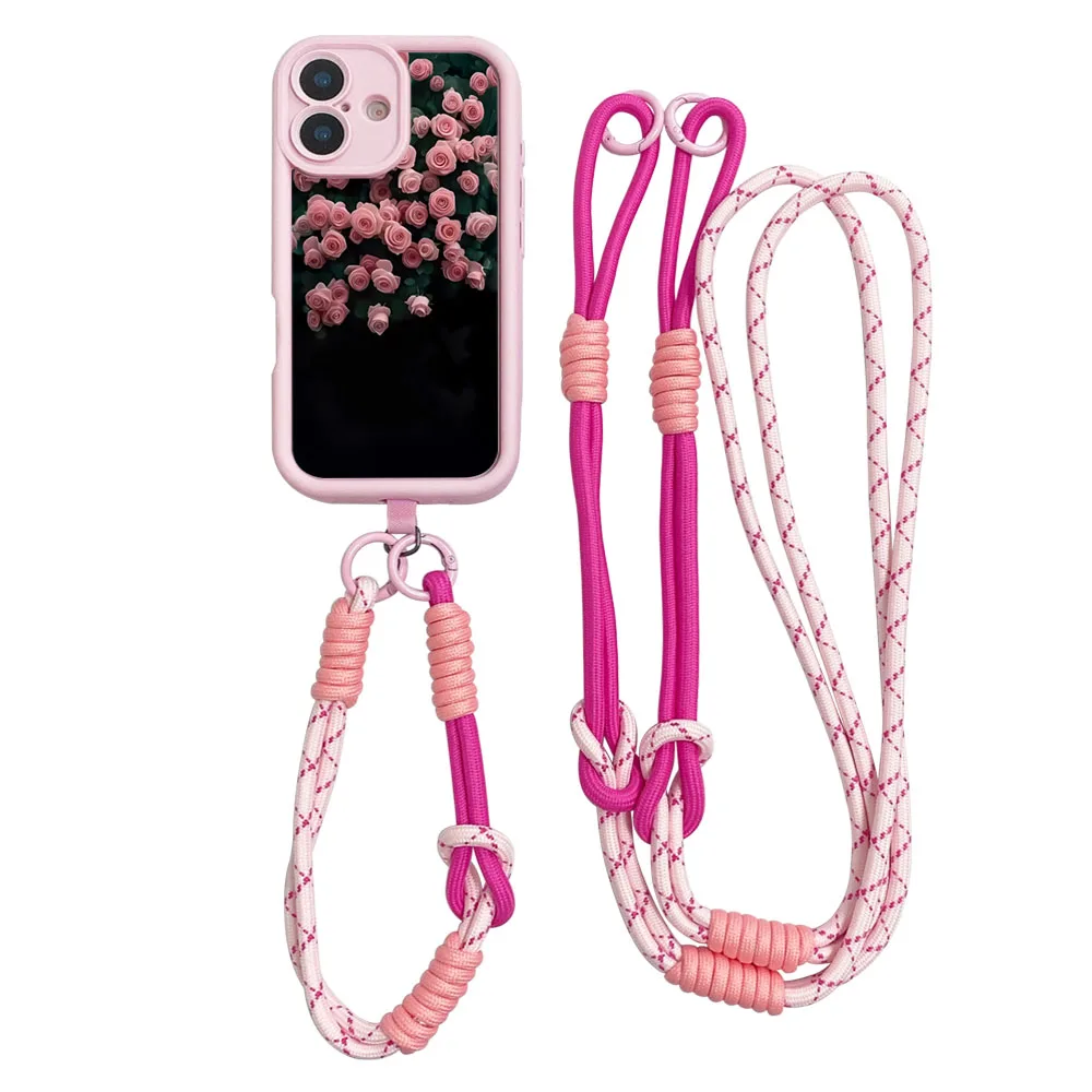 2025 rosa rosecrossbody cordão corda longa caso para iphone 16 15 14 13 12 11 17 pro max xs max xr 7 8 plus corrente de pulso capa do telefone