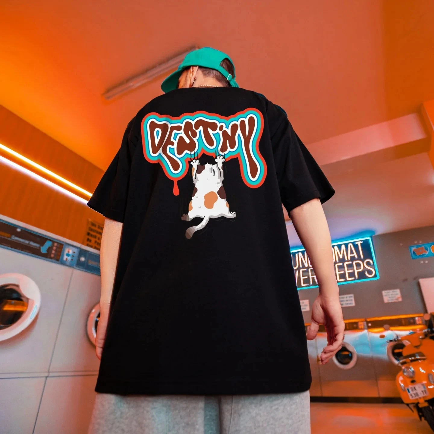 Family Matching T‑Shirt Destiny Dripping Graffiti Back Print Funny Clawing Cat Cartoon Graphic Street Short Sleeve Tee