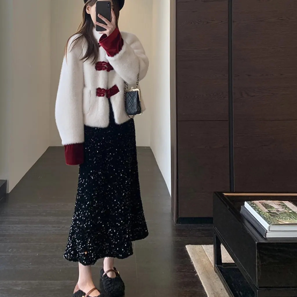 

Women's Imitation Mink Velvet Thick Warm Coat with Plate Buckle Stand Collar National Style Festival Atmosphere Feeling Top for