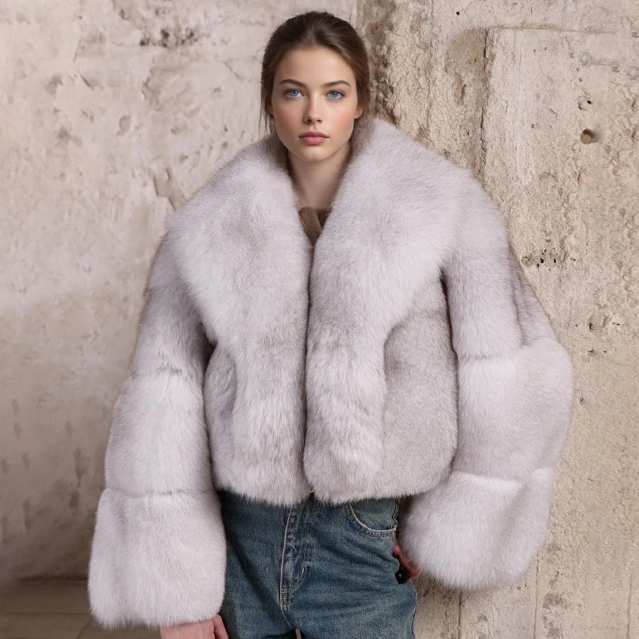 

Genuine Fox Fur Coats Women Real Fluffy Jacket Winter Turndown Collar Short Fur Outwear Fashion White Natural Fur Jacket