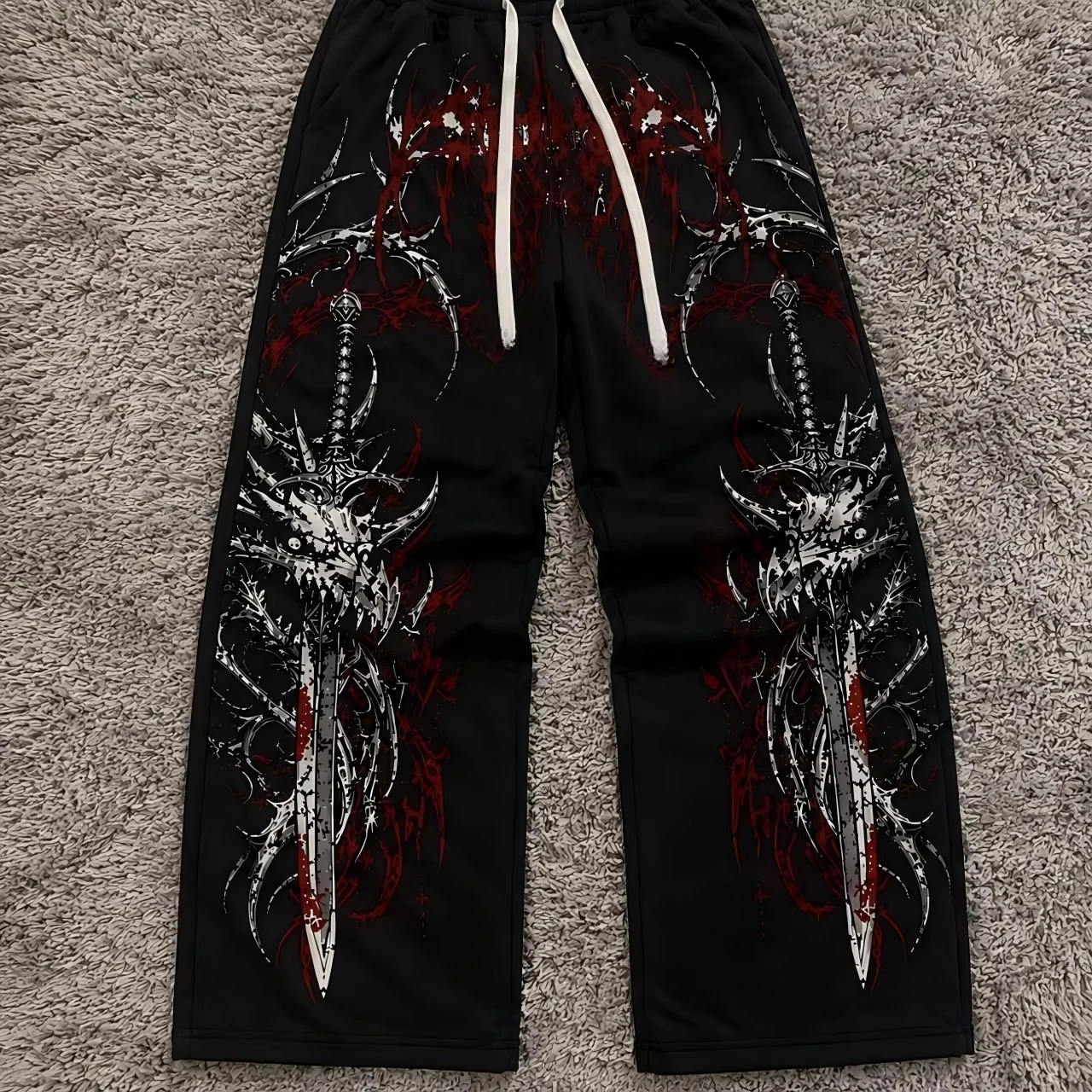 2026 Trendy Unisex Abstract Thorn Blood Splash Graphic Straight‑Leg Jogger Pants Dark Punk Hip Hop Street Loose Trousers