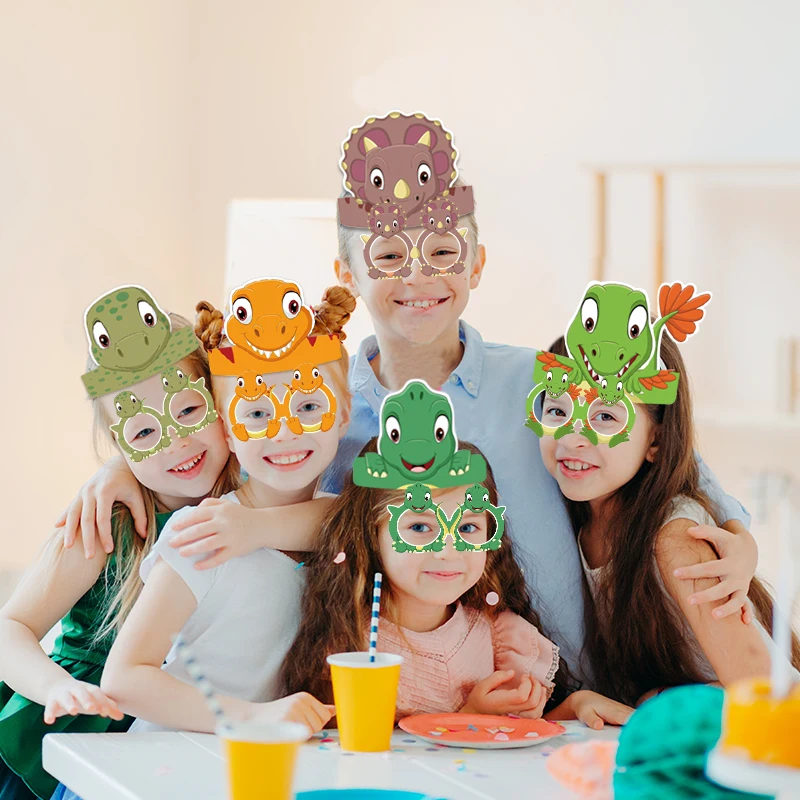 6/12pcs Cute Dinosaur Paper Hats Glasses Headband Jungle Safari Themed Party Decoration Boy Kid Birthday party Photo Props