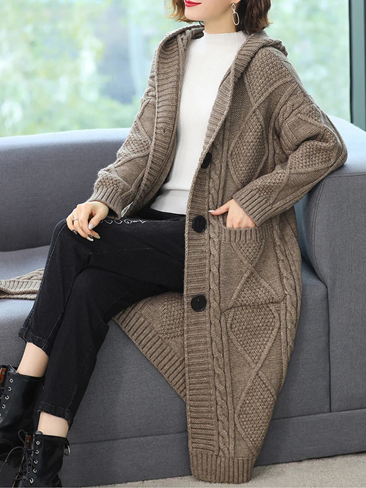 Hooded Sweater Cardigan Long Coats Womens Fall Winter Loose Thick Warm Knit Jackets Casual Single Breasted Knitwear Casaco New