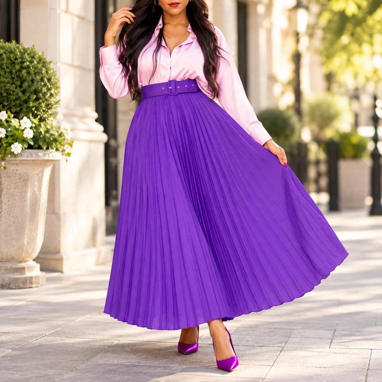 A Line No Stretch Belt with Waist Belt Commuter Chic Elegant Urban Long Skirt High Temperature Setting Spring Women Skirt