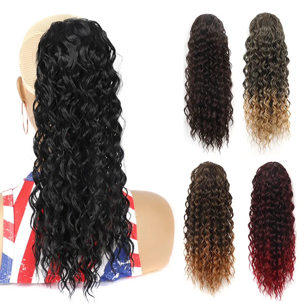 Extensiones de cola de caballo de cabello rizado sintético para mujeres negras, Clip de cordón de onda profunda, cola de caballo de cabello grueso