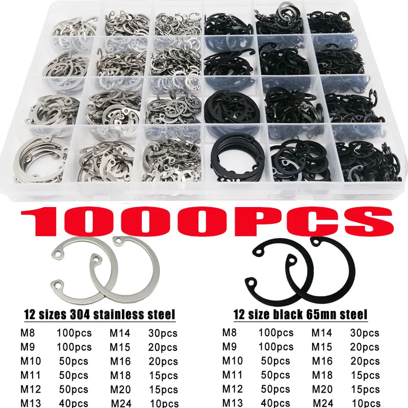 

1000/535/250pc M8-M24 Stainless Steel Shaft Bearing Retaining Clip Snap Ring C Type Internal Circlip Washer Assortment Set