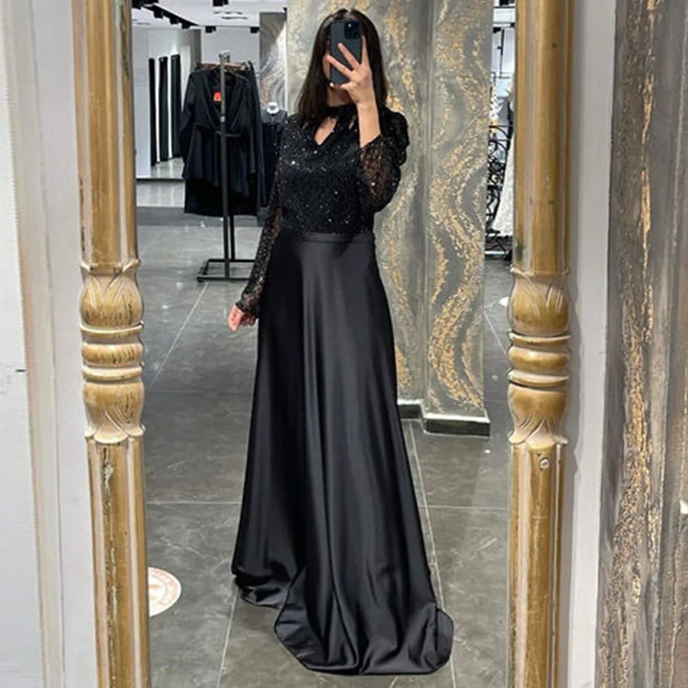 

Black A-Line High Neck Evening Gowns Sequined Full Sleeve Floor Length Beadings Satin Prom Dresses Wedding Party Gowns 2023