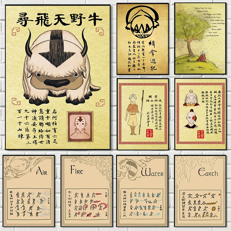 1pc frameless Canvas Painting Avatar:Last Airbender Wanted Retro Poster Japanese Anime Figure Canvas Painting Wall Art Pictures