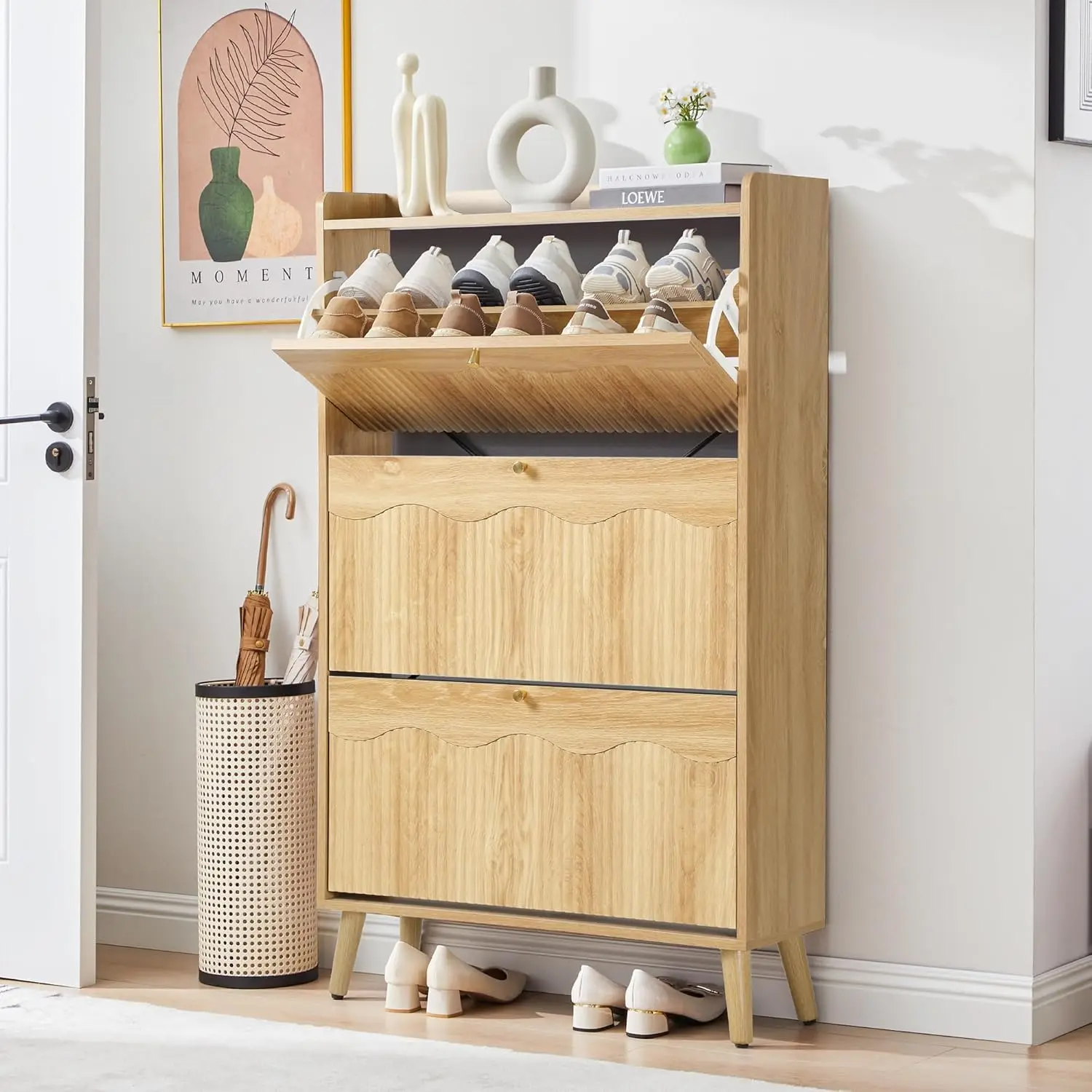 

Тумба для хранения обуви в прихожую с 3 откидными ящиками, узкий органайзер для обуви высотой 51,2 дюйма с волнообразной панелью, на заказ