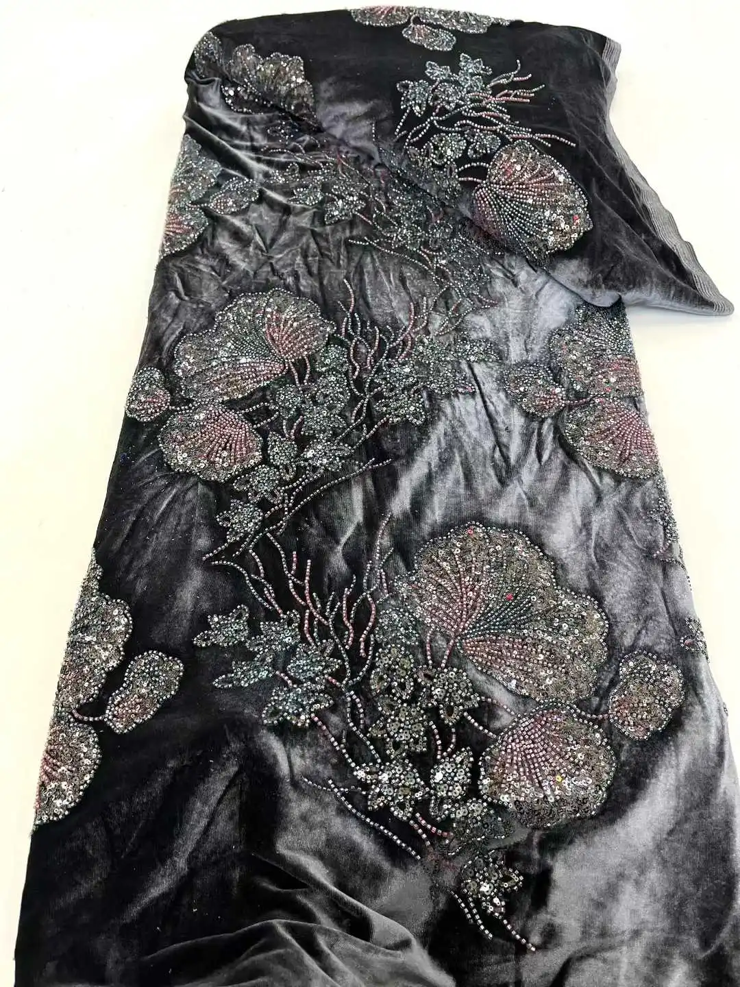 5 ياردة النيجيري يتدفقون المخملية الترتر أقمشة الدانتيل عالية الجودة الأفريقي الثقيلة مطرز واللؤلؤ لفساتين الحفلات النسائية