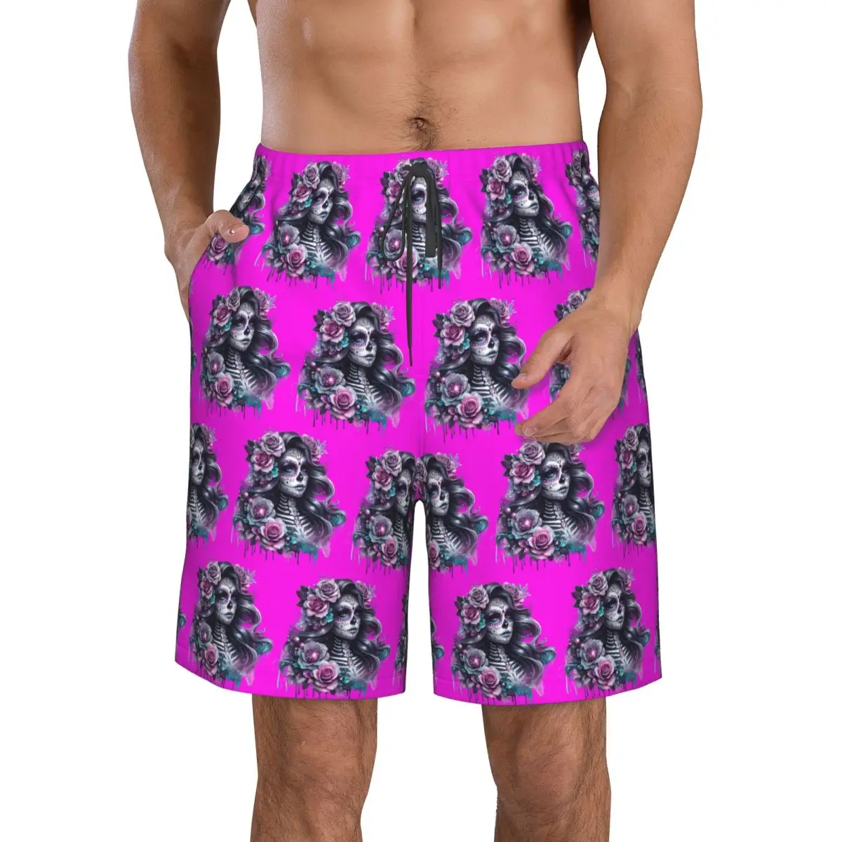 Gothic Day Of The Dead Girl With Roses Skull Trunks Beach Board Shorts Casual Quick Dry Swimming Summer Men Pants