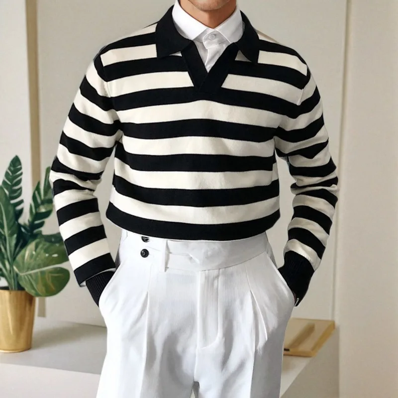 Nowa męska bluza na jesień i zimę 2025, czarno-biała w paski, z kołnierzykiem, biznesowa, codzienna, uniwersalna, ciepła warstwa wewnętrzna, modny top.