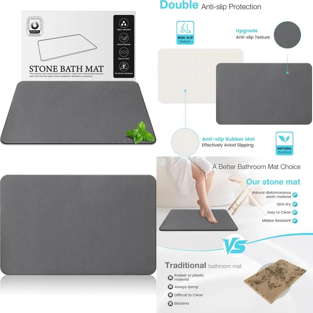 

Luxury Diatomaceous Earth Bath Mat - Non-Slip, Quick-Dry, Dark Grey (23.6x15.4) for Bathroom Floors