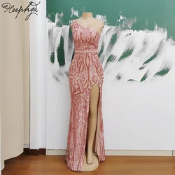 One Shoulder Pink Sequin Mermaid Evening Dress High Split Floor Length Elastic Long Party Prom Women Gowns In Stock