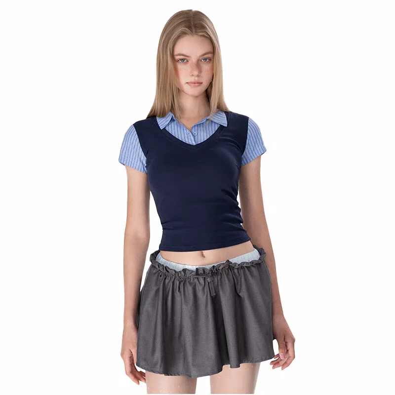 قميص ZBZR الربيعي الجديد ذو الطراز الأمريكي الرجعي، قميص نسائي قصير الأكمام بتصميم مرقّط، ياقة بولو، نمط مخطط، مناسب للجسم.