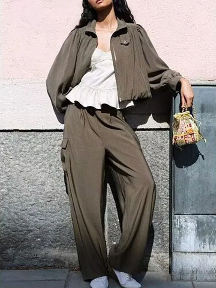 Fall 2026 New Bubble Hem Jacket Casual Style Long Sleeve Zipper Closure Women's Workwear Trousers Cuffed Loose Fit Outerwear