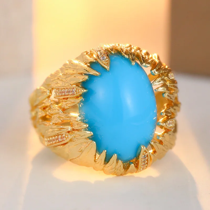 Bohemian Style Fashion Ring Feather Carving Design Inlay Synthetic Gemstone Retro Atmosphere Ring Women's Jewelry