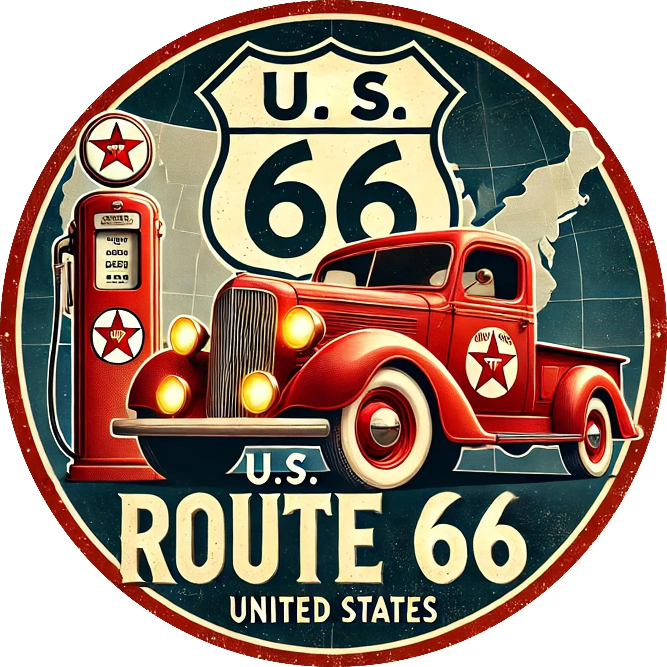 2D Flat, Suitable for All Four Seasons, 2D Flat Vintage Route 66 Sign - 15.24x15.24 cm Classic Red Pickup Truck with Gas Station