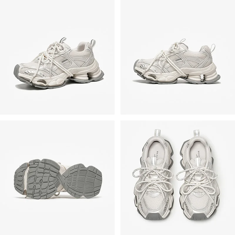 Women's Chunky Sneakers - Lace-Up Mesh and Synthetic Leather Trainers