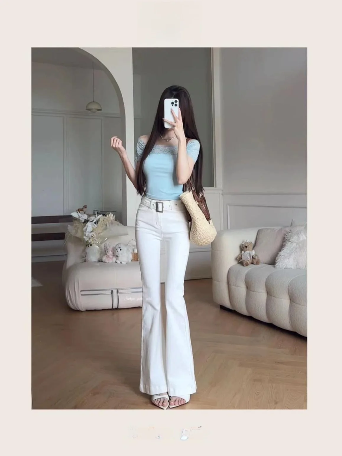 

Slimming High Waist Stretchy Cartoon Leg Fem Jeans Floor-Length Micro Flared Denim Pants Autumn l Waist Cotton Elastic