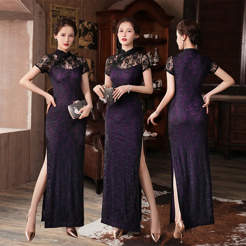 

Improved Cheongsam Sexy Lace Flower Qipao Lady Elegant Chinese Style Dress Gown Oversize 3Xl 4Xl5Xl Vestidos New Year Gift