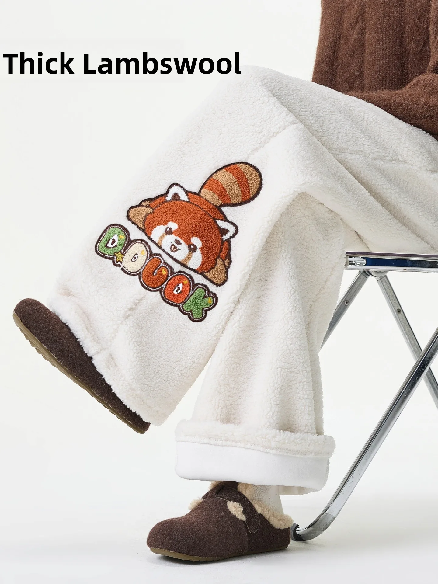 

Мужские зимние брюки из овечьего вельвета с мультяшной вышивкой, на флисовой подкладке, прямые, широкие, свободные, струящиеся