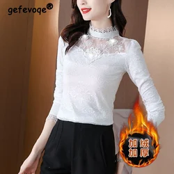 Sexy Elegant Lace Half High Collar Black White Basic Ladies Tops Fall Winter Fashion Fleece Warm Slim Long Sleeve T Shirt Women