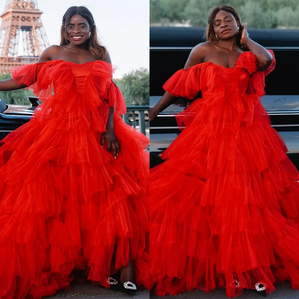

Customized Romantic Red Tulle Evening Dress Exquisite Off the Shoulder Sleeveless Celebrity Gowns Luxury Homecoming Dresses