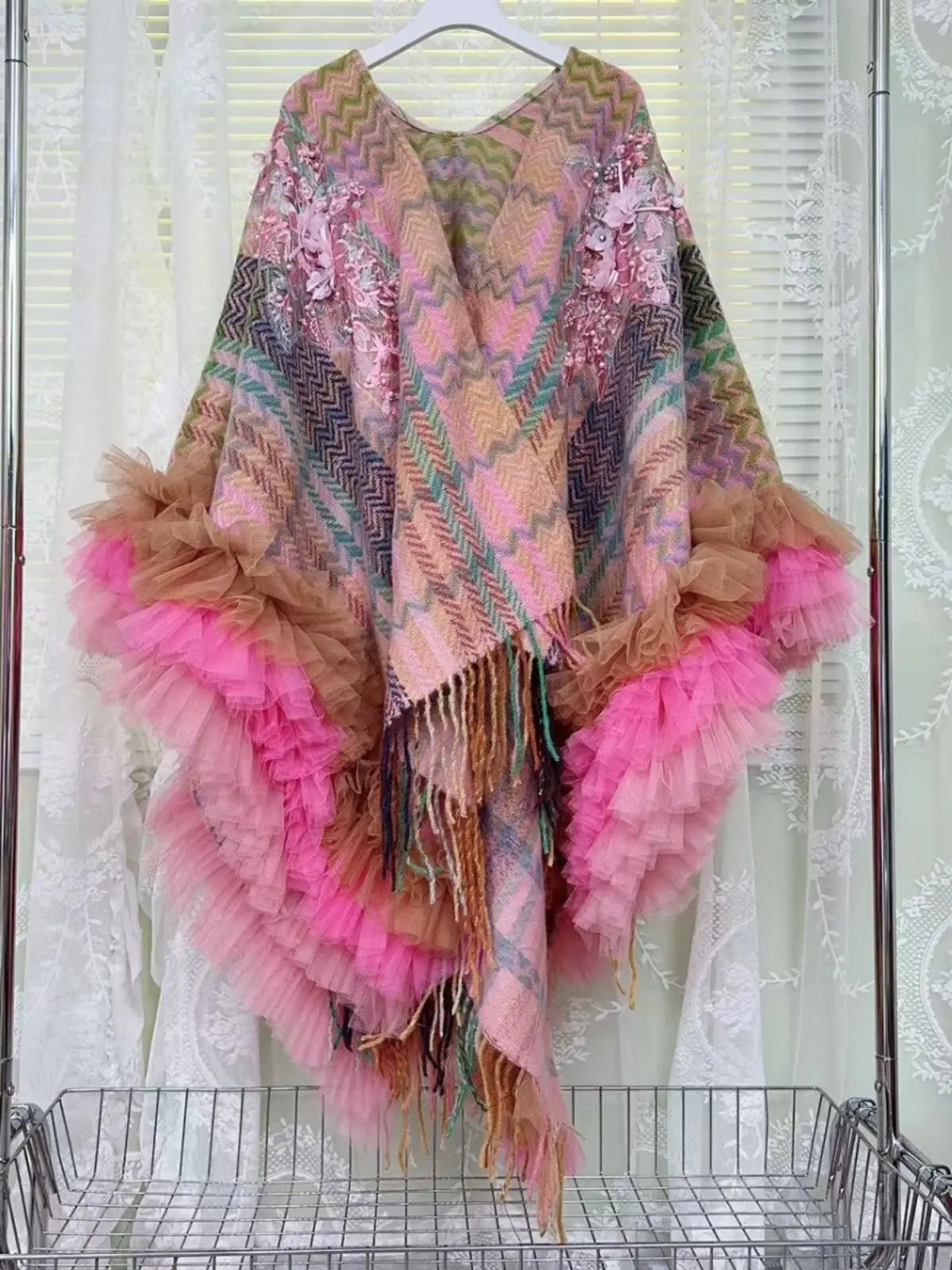 Colorful Coat ＆ Sleeves Tippet Light Color Wrap Trendy Ethnic Style Knitted Sweet Shawl Dress Daily Wear Rainbow Sweater Shawl