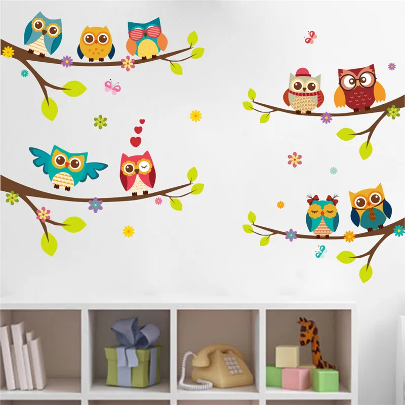 Cute Owlet On Tree Branch Wall Sticker Kids Room Decoration Cartoon Safari Mural Art Diy Home Decal Animal Owl Poster