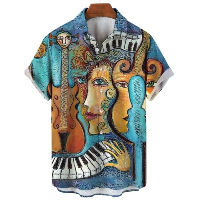 Hawaiian Figure Music Guitar Shirt For Men Art Pattern Vintage 3D Print Holiday Tops Streetwear Short Sleeve Summer Casual New