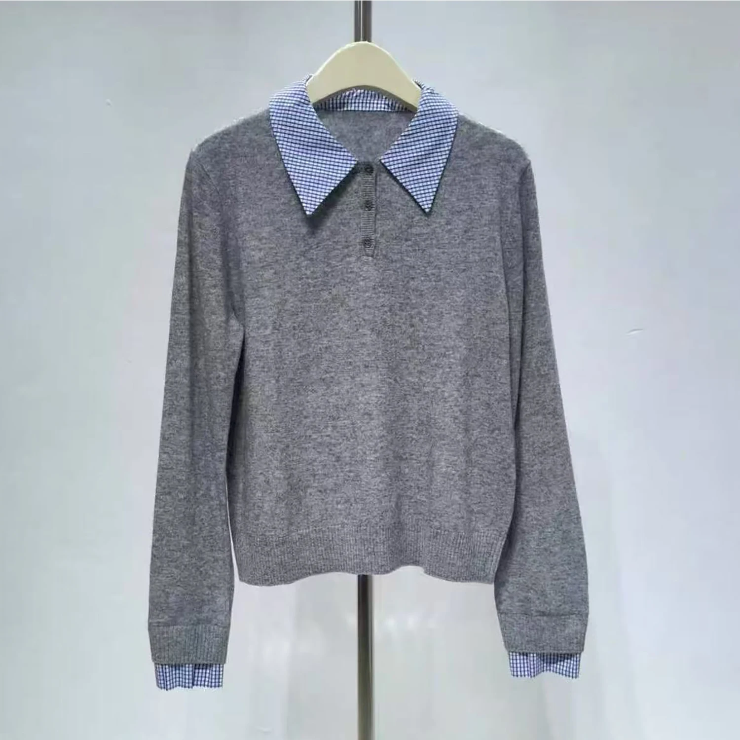 

High-End Knitted Ne Sweater Women's Faion College Sle Color Blo Flip Collar Top Medium Thin Long Sve