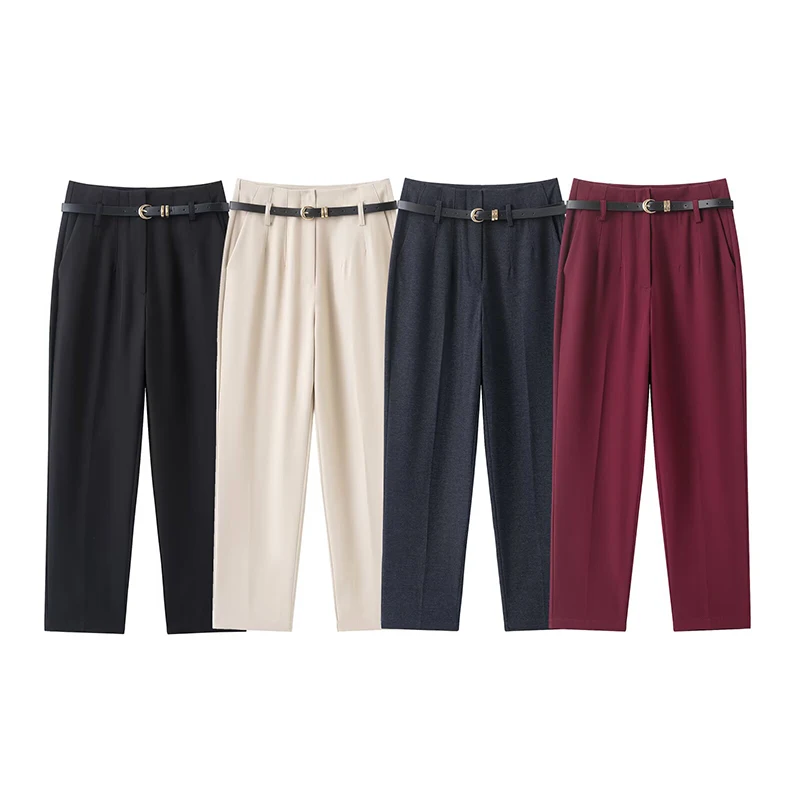 سراويل نسائية مستقيمة نحيفة موضة المكتب مع حزام سراويل عالية الخصر سراويل نسائية عتيقة