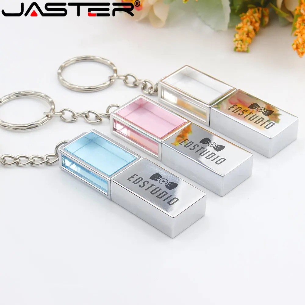 

JASTER USB Flash Drives Mini Crystal 128GB with LED Pen Drive 64GB Free Engraved Logo 32GB Wedding Anniversary Gift Memory Stick