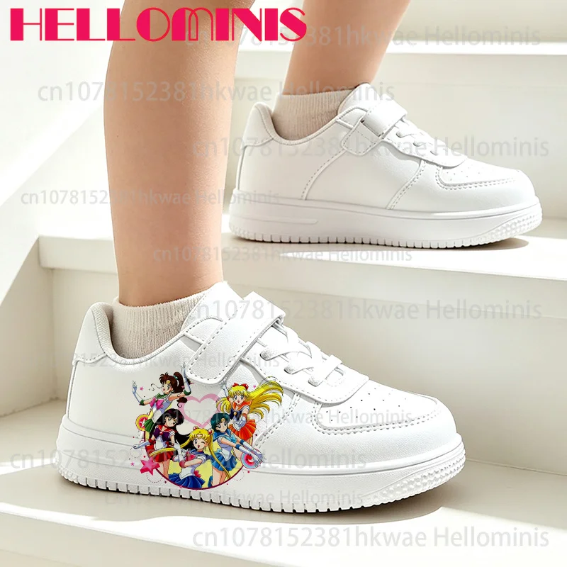 Usagi Tsukino Cartoon Girl Print Kids White Sneakers Hook & Loop Girls Casual Non Slip School Shoes Birthday Gift