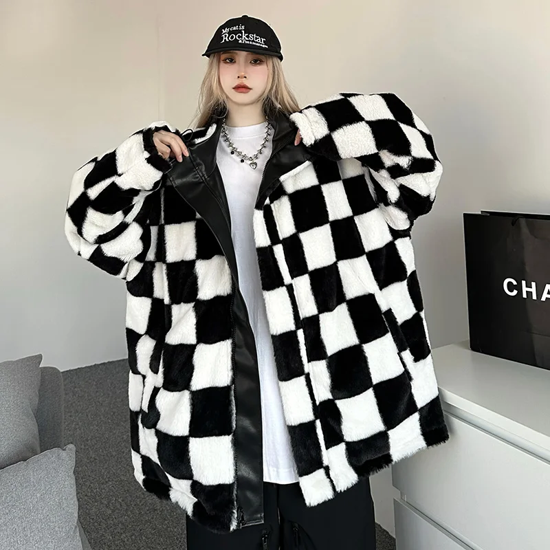 Plaid Blends Women Reversible American Style Retro Autumn Winter Hip Hop Unisex Hipster High Street Panelled Turn-down Collar