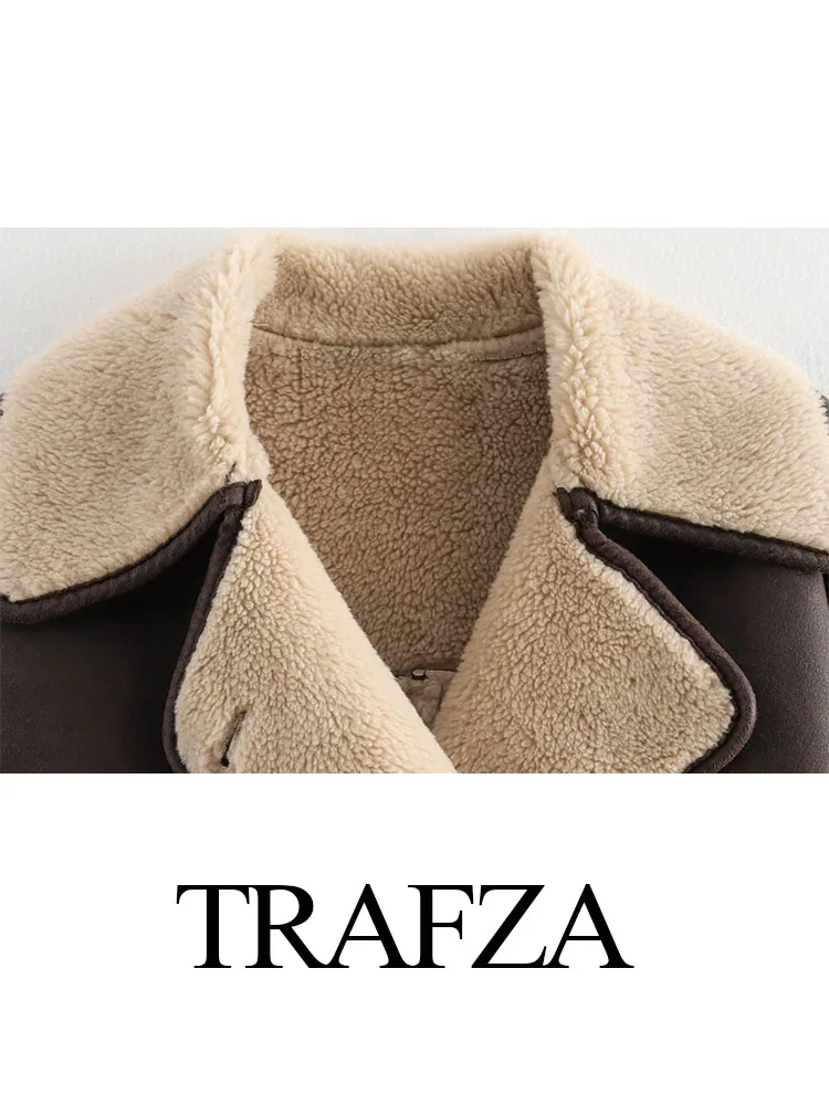 Trafza casacos quentes casuais de inverno feminino 2 cores sólidas gola virada para baixo bolsos de manga comprida casacos de moda feminina de peito único