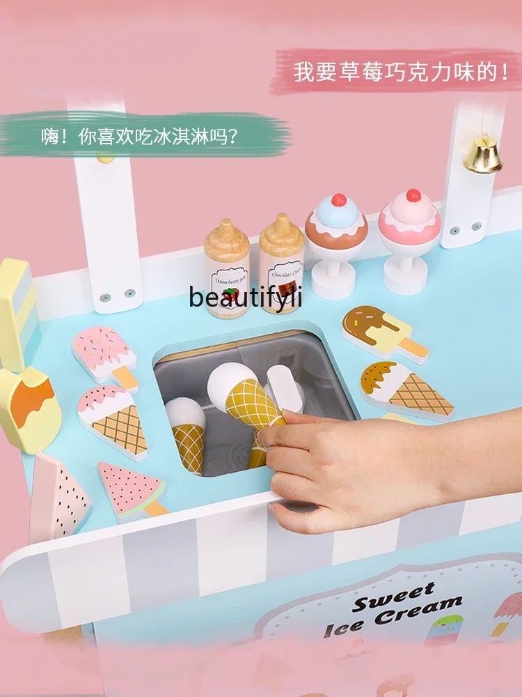 Carro de helado de simulación de madera para niña, carrito de cocina, carrito de helado, juguetes para niños