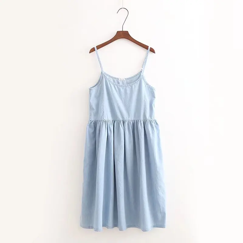 

Japan Style Women Summer Denim Dresses Lolita Mori Girl Spaghetti Strap Cotton Jeans Slip Dress Ruffle Mini Sundress jurk dames