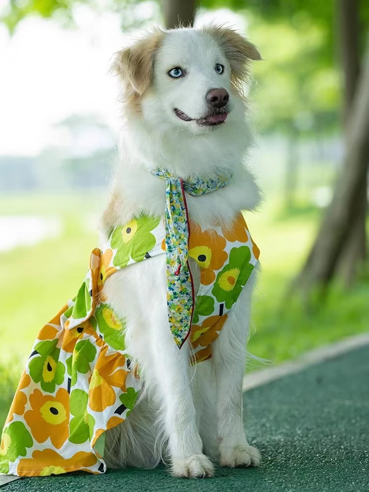 Cute Cat and Dog Clothes, Summer Flower Skirt, Chest Back, Big Dog, Bull Terrier, Grey Dog Clothes