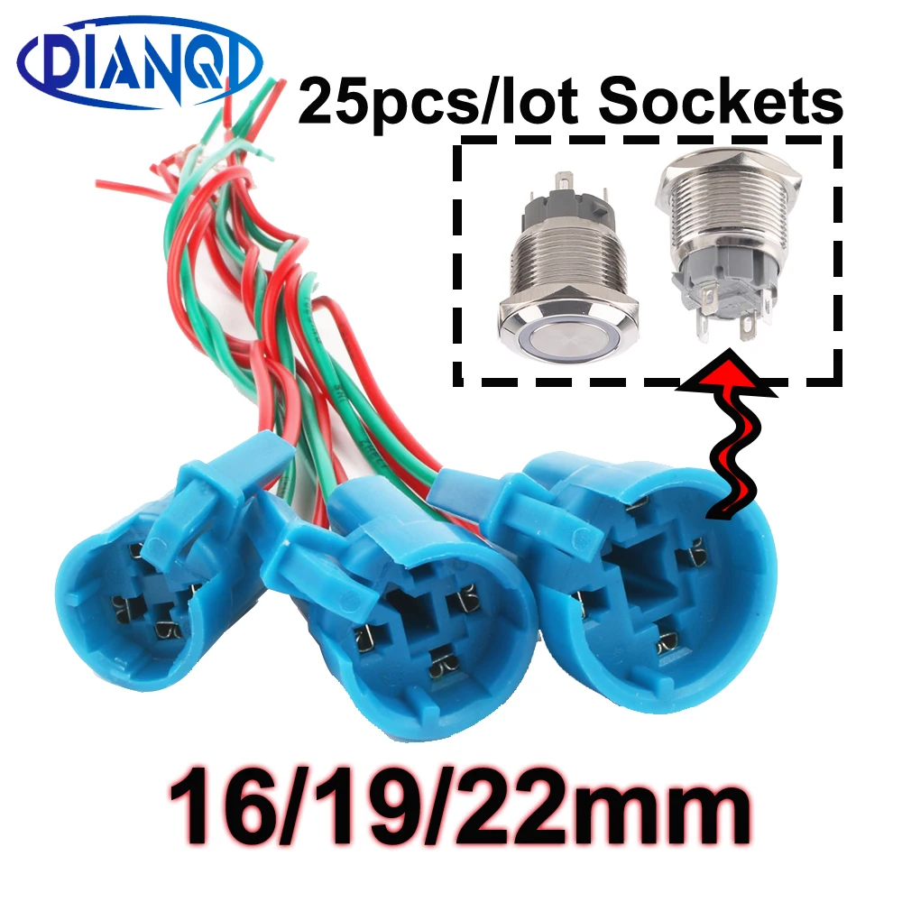 

25pcs /Lot Wire Connectors 16mm 19mm 22mm Cable Socket For 4Pins Metal Push Button Switch With 4 Wires