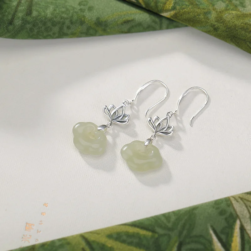 Amxiu Sterling Silver 925  Natural Hetian Qing Shui Jade Ruyi New Chinese Style Lotus Hook Earrings