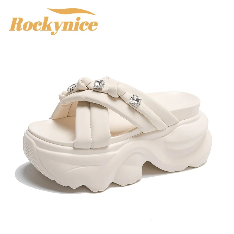 9CM Heels Chunky Slippers For Women Open Toe High Platform Leather Sandals Woman 2024 New Summer Thick Bottom Beach Flip Flops