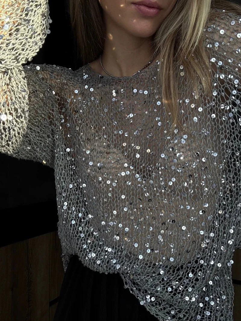 แฟชั่นเลื่อมถัก Hollow Out เสื้อกันหนาวผู้หญิง O-คอหลวมแขนยาวถักฤดูใบไม้ผลิหญิง Chic Pullover V89Q