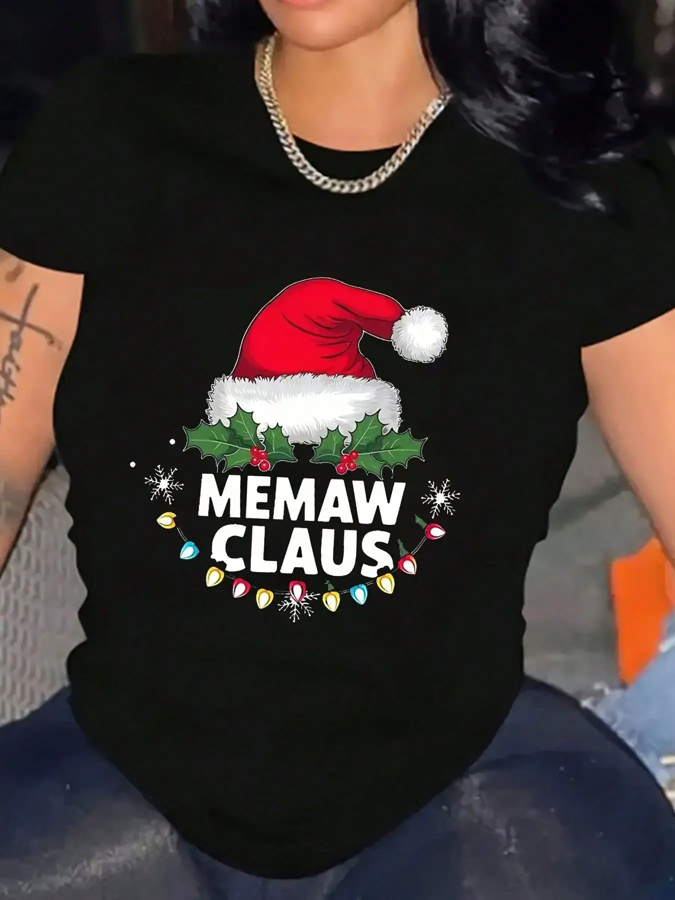 

Women'S Casual Christmas Tee - 100% Cotton Crew Neck Short Sleeve T-Shirt with Memaw Claus Print, Slight Stretch Knit Fabric