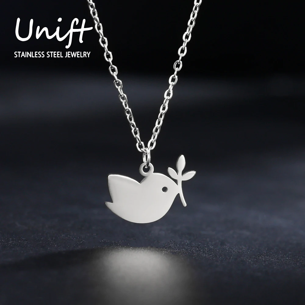 Unift Olive Branch Peaceful Dove Bird Pendant Necklace Stainless Steel Neck Chain Choker Fashion Trendy Inspired Jewelry 2024