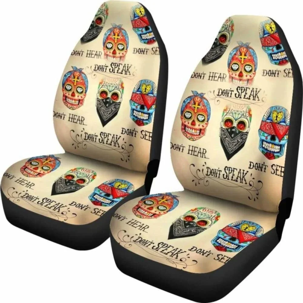 Set Of 2 No Hear No See No Speak Sugar Skull Car Seat Cover,Pack of 2 Universal Front Seat Protective Cover