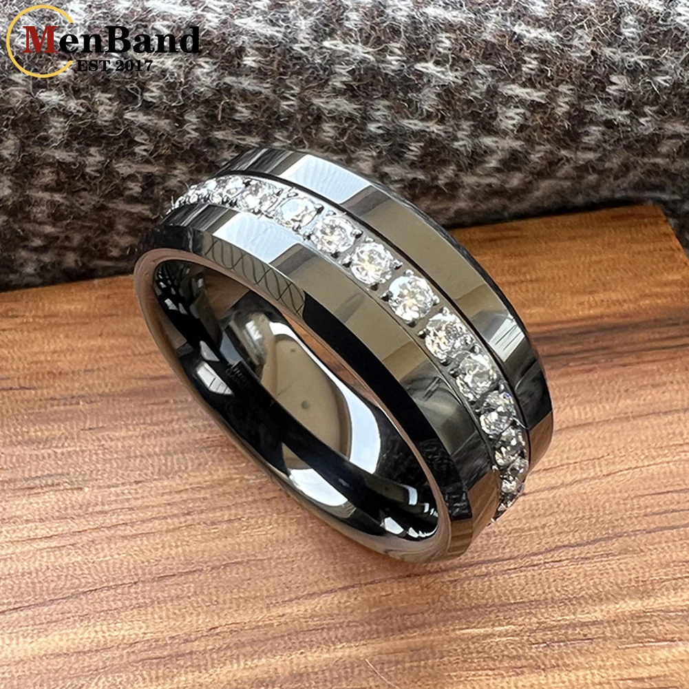 MenBand 8mm CZ Stone Inlay Beveled Edges Black Tungsten Ring for Men Women Eternity Fashion Engagement Wedding Band