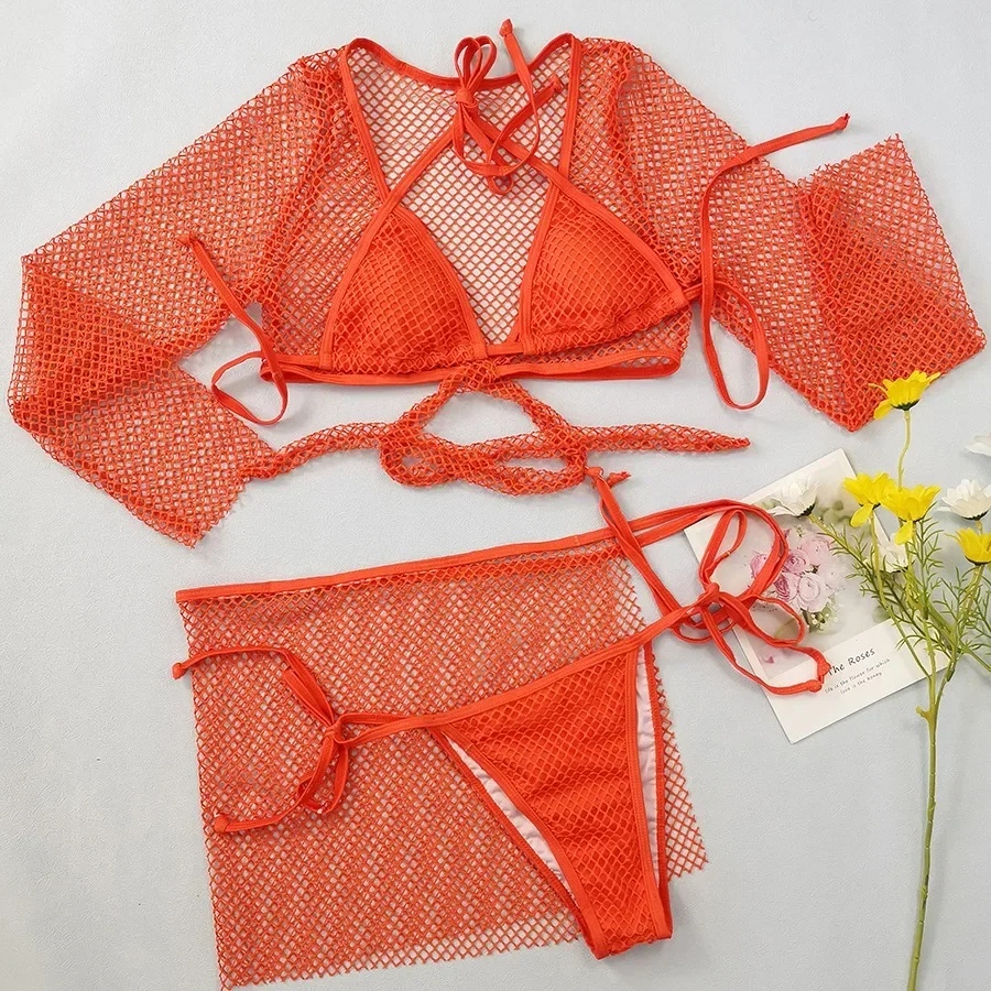 

Orange Red 4-piece Swimsuit for Women,2024 New Long Sleeve Mesh Cover-ups Bikini,sexy Lace-up Low Waist Thong Bathing Suit Y236